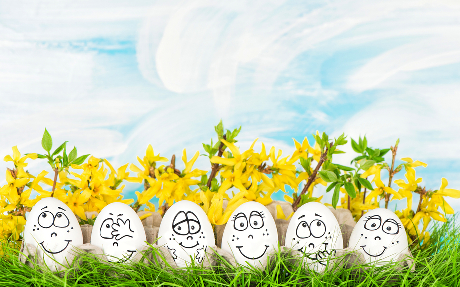 bemalte Ostereier auf grünem Gras vor Narzissen