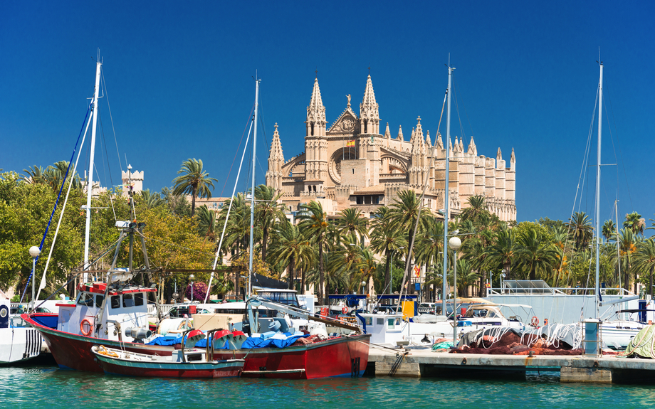 Blick auf Palma de Mallorca mit der Kathedrale La Seu und dem Fischerhafen